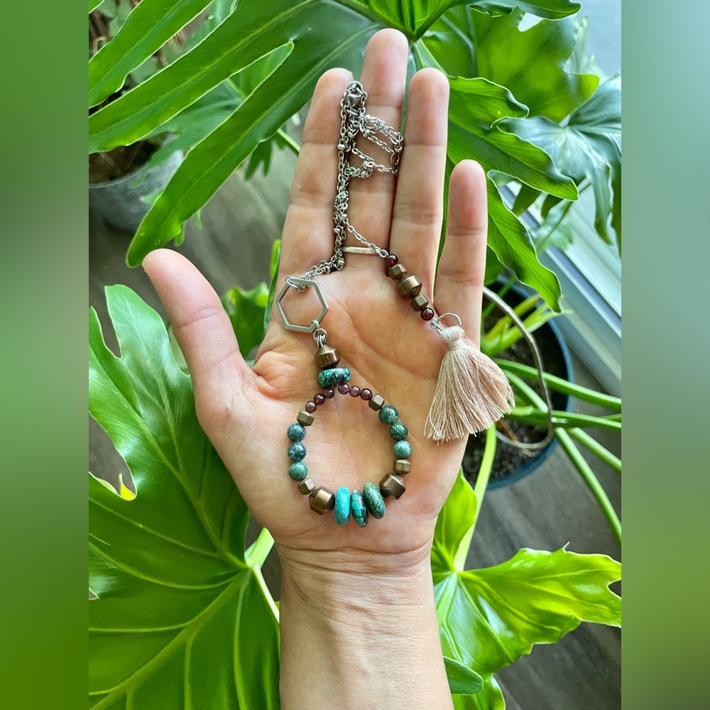 Turquoise - Hematite - Moss Agate - Garnet Necklace
